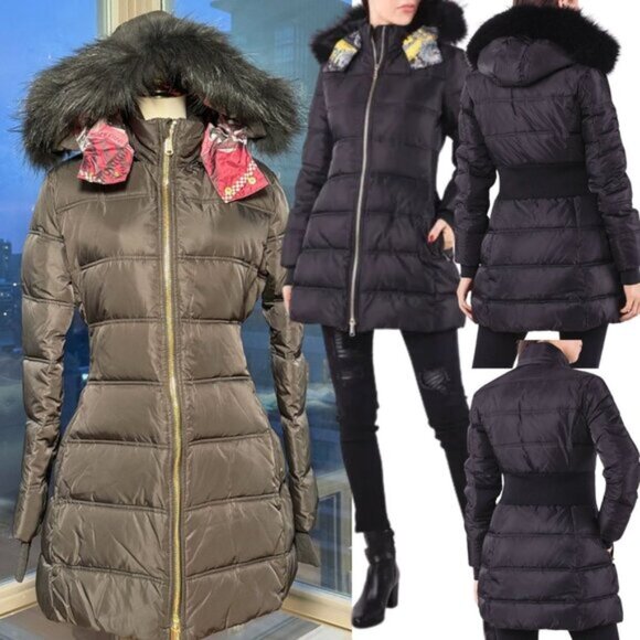 🆕 VERSACE JEANS 🧿 Black Down Filled Jacket, Fur & Scarf Print, Sz US 8 - Picture 1 of 16